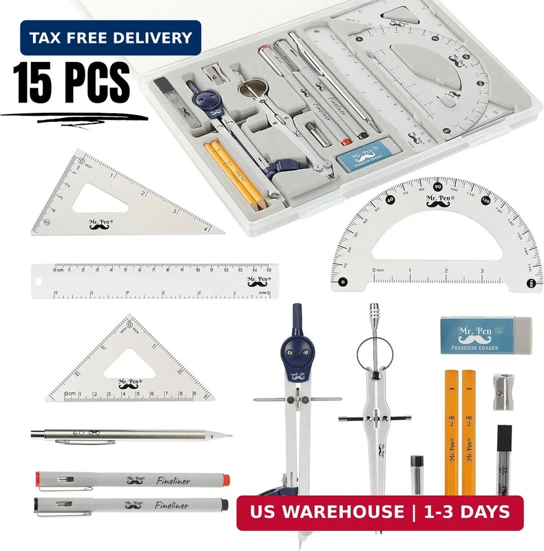 Mr. Pen- Professional Geometry Set, 15 pcs, Drafting Tools with Protractor, Comp gallery