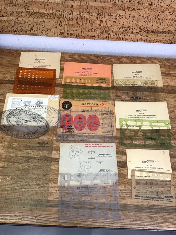 Vtg Berol RapiDesign Template Lot R-73, 51, 314, 54,55, 121, Kay lock #1 & #2 ++