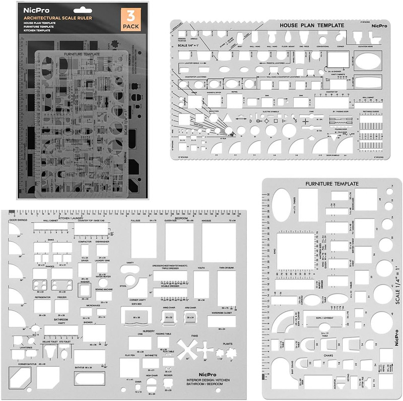 Architectural Drafting Tools, 3 PCS Templates for House Plan Furniture Kitchen,