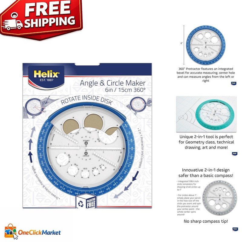 2-in-1 Angle & Circle Maker, 360° Protractor & Compass – 6 Inch Assorted Colors