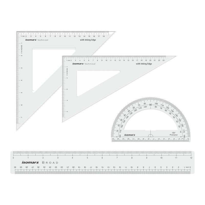 Drafting Set Squares Kit Scale 12″ Semi Protractor 180° Clear Rulers Set of 4
