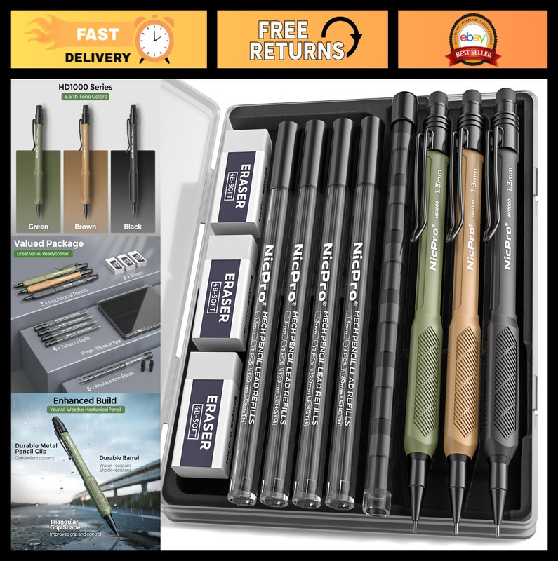 3 PCS Mechanical Pencils Set - 1.3mm, 51 Lead Refills, Erasers, Weatherproof Bar