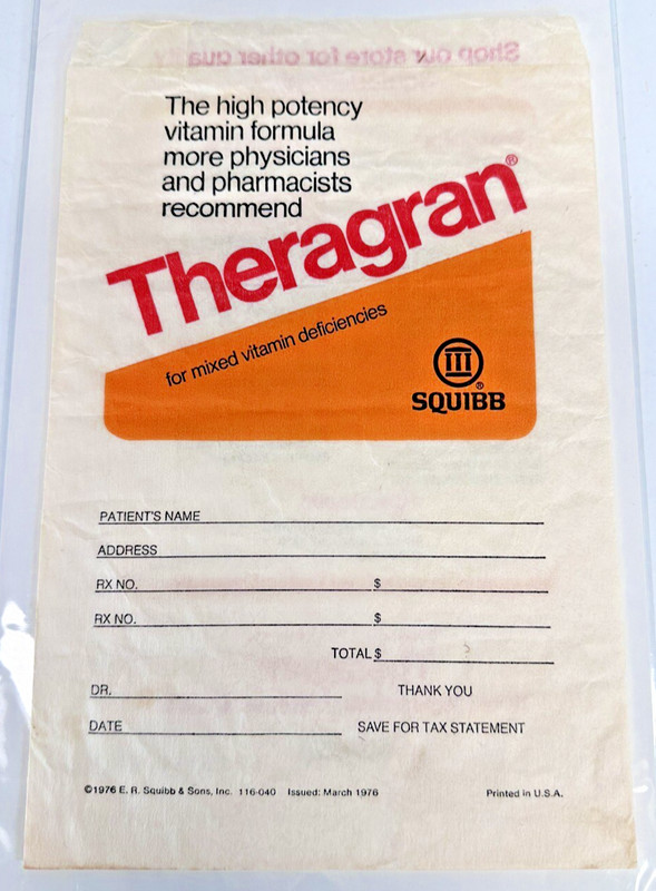 Vintage Pharmacy Pharmacist Advertising Squibb Theragran Mixed Vitamin Paper Bag