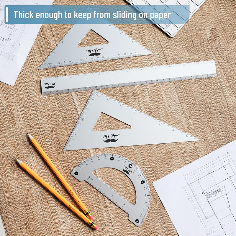 - Metal Geometry Kit, 4 Pack, 45° & 30°/60° Set Squares, 6" Protractor & 12" Rul gallery