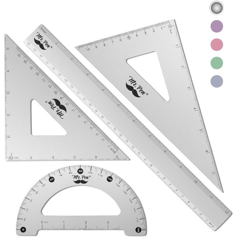 – Metal Geometry Kit, 4 Pack, 45° & 30°/60° Set Squares, 6″ Protractor & 12″