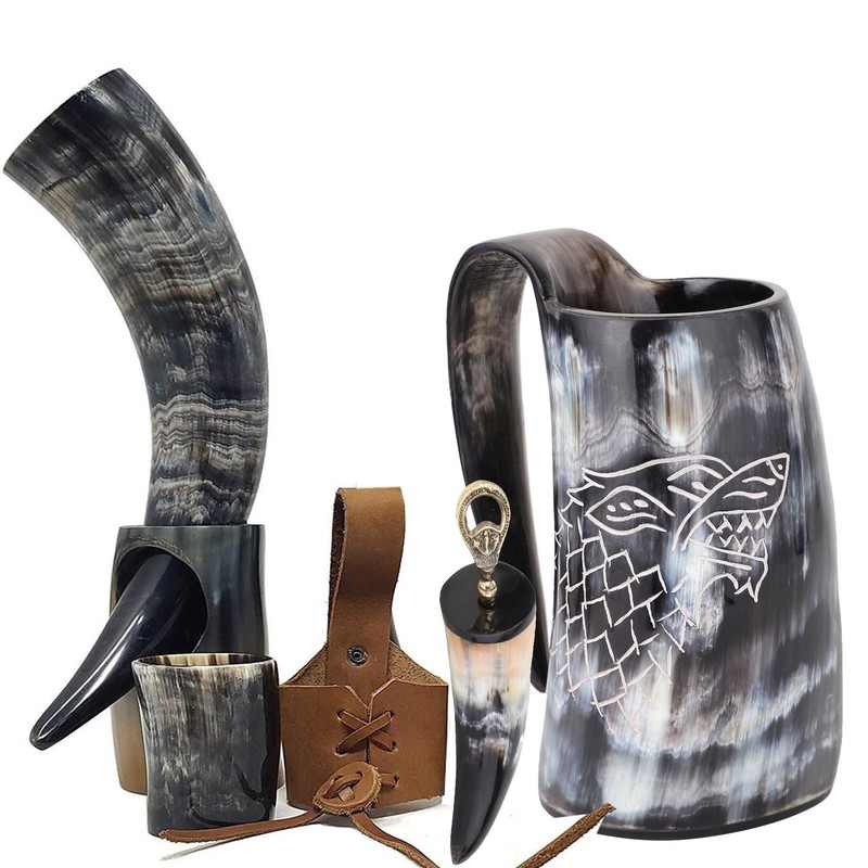 Viking Drinking Horn Mug & Cup Set | 6-Piece Collection with 16oz Dire Wolf E...