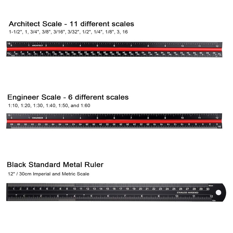 Ownmy 3 Pack 12 Inch Solid Aluminum Triangular Architect Scale Ruler Set, 3-Colo gallery