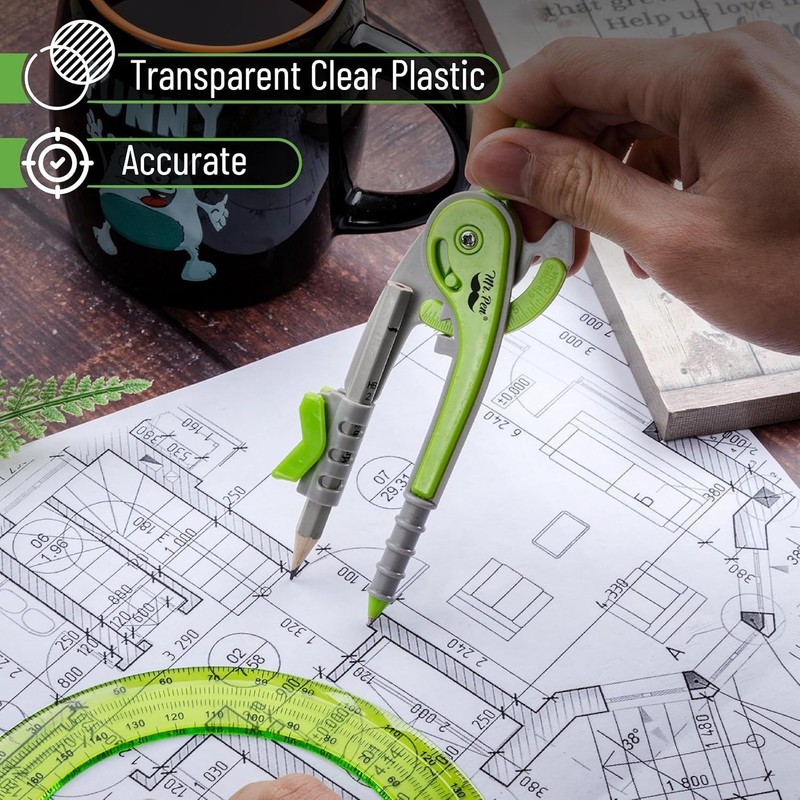 Light Green Compass and Protractor Set - Precision Geometry Tools for Artists gallery