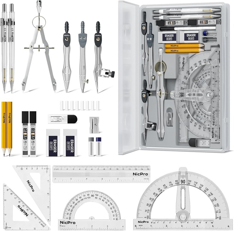 Nicpro 22 PCS Compass Geometry Tools with Case, Drafting Tools Geometry Set with