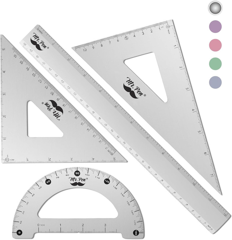 Mr. Pen- Metal Geometry Kit, 4 Pack, 45° & 30°/60° Set Squares, 6″ Protractor &