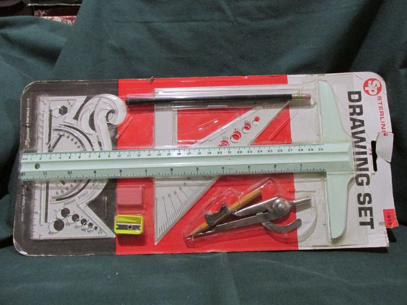 Vintage Sterling Plastics Drawing Set 1970 With Drafting Square Compass NIP