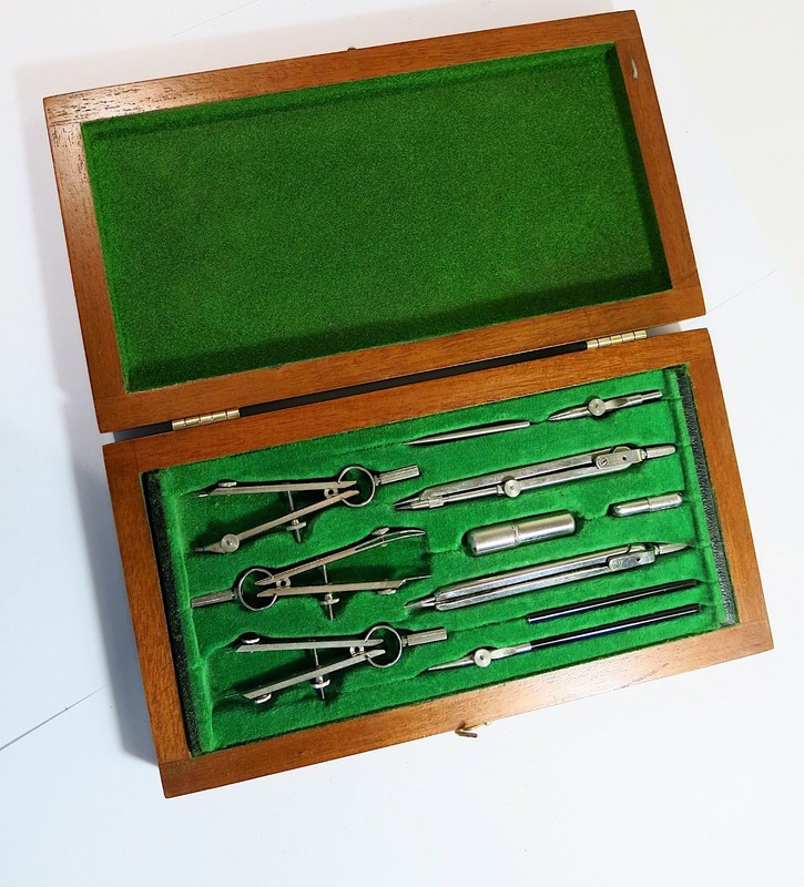 Vintage Complete Drafting/Compass Set in Solid Wood Refinished Box gallery