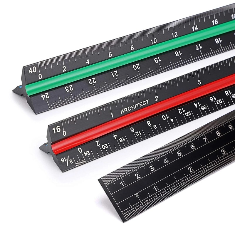 3 Pack 12 Inch Solid Aluminum Triangular Architect Scale Ruler Set, 3-Colors-Gro