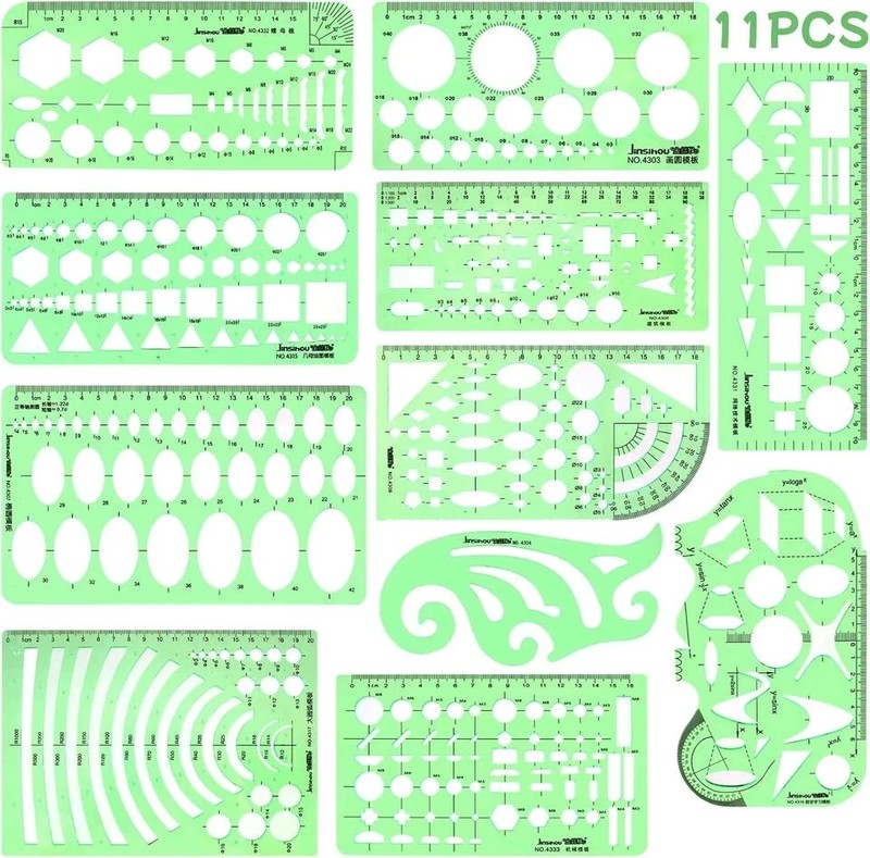 11PCS Geometric Drawings Templates, Drafting Stencils Measuring Tools,...