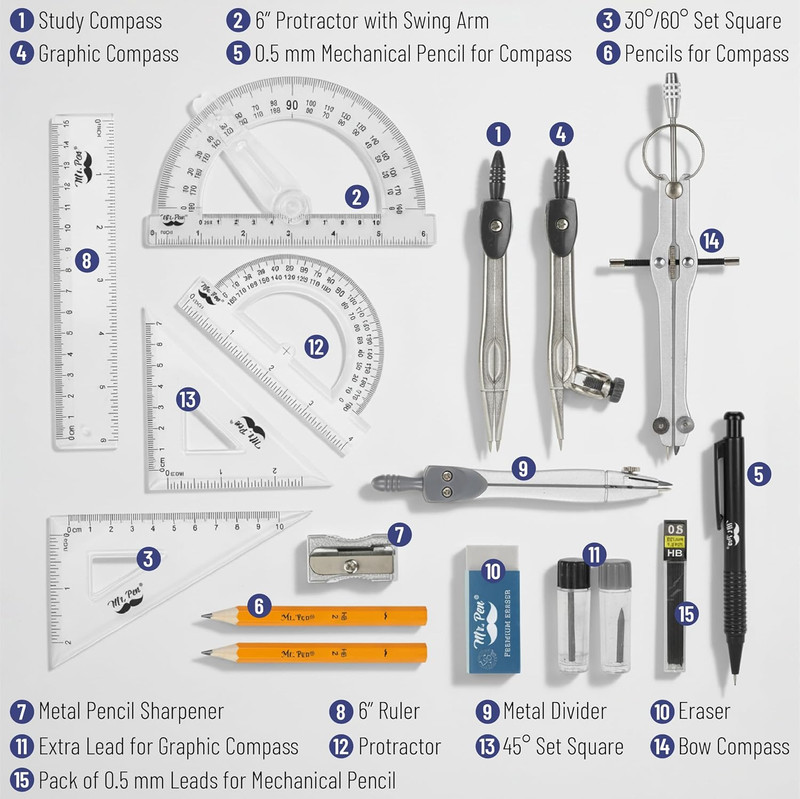 Geometry Set with 6 Inch Swing Arm Protractor, Divider, Set Squares, Ruler, Comp gallery
