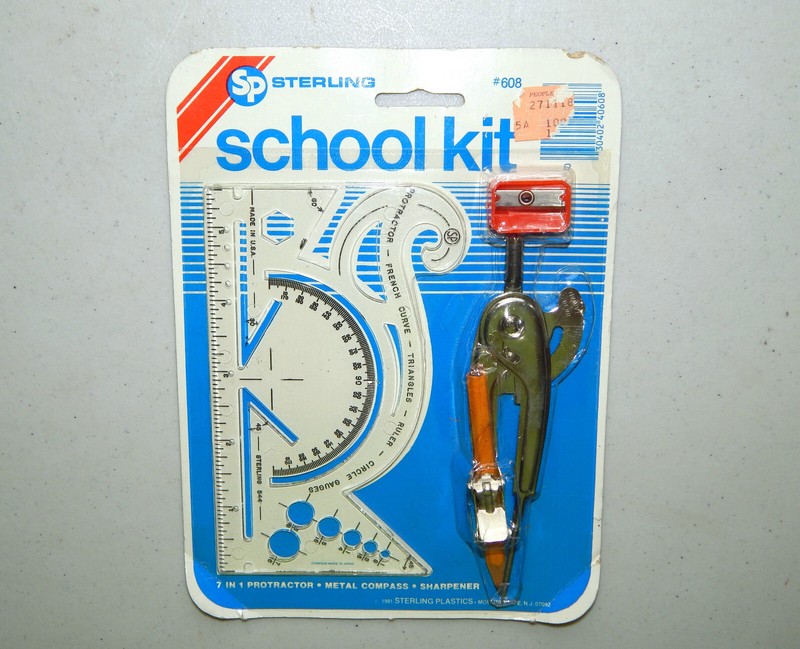 VTG NOS 1981 Sterling School Kit Protractor Metal Compass Sharpener FREE SHIP!