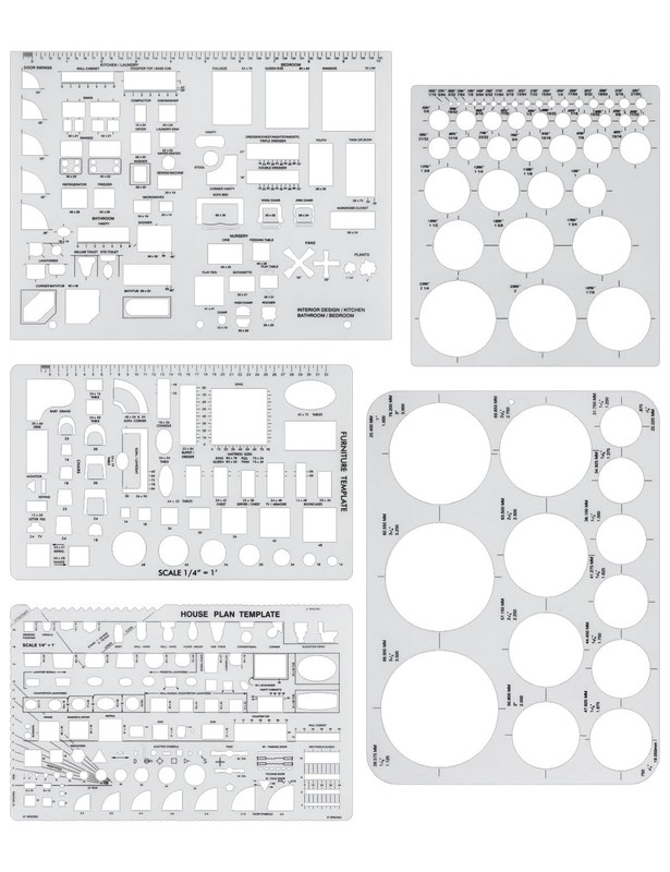 5 Pcs Architectural Templates: Circle, House Plan, Interior Design & Furniture T
