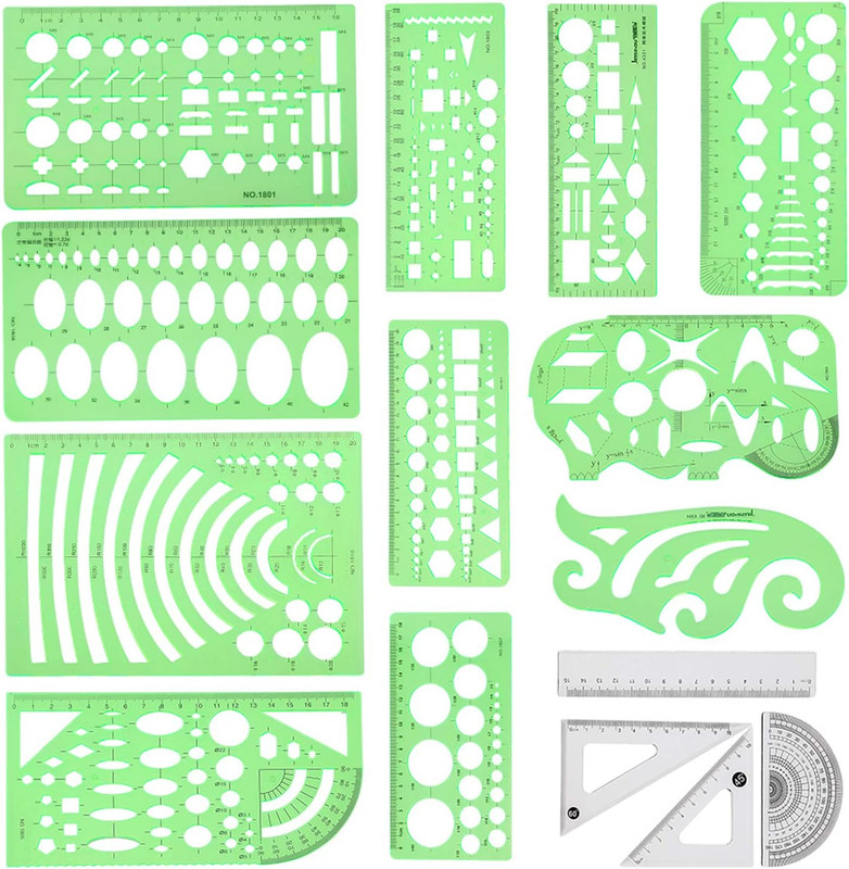 Geometric Drawings Templates Measuring Geometry Rulers 15 Pcs with 1 Pack File B