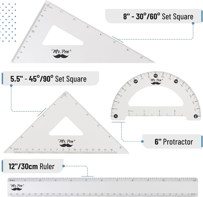 - Metal Geometry Kit, 4 Pack, 45° & 30°/60° Set Squares, 6" Protractor & 12" Rul gallery