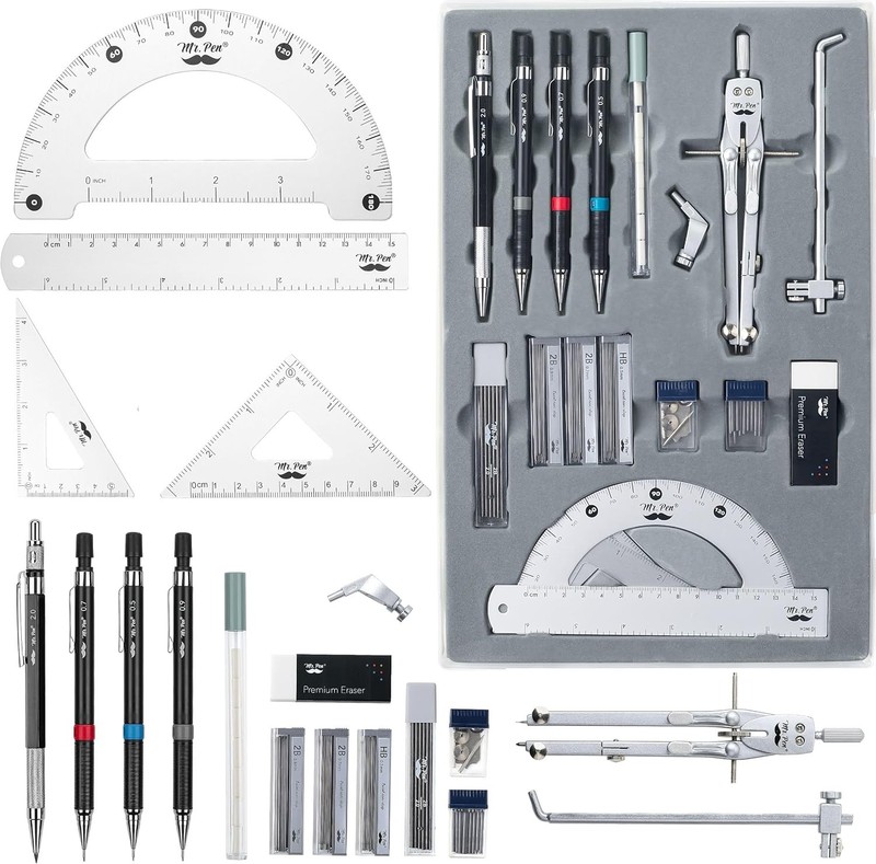 Professional Geometry Set, Silver Geometry Kit for Artists, Metal Rulers