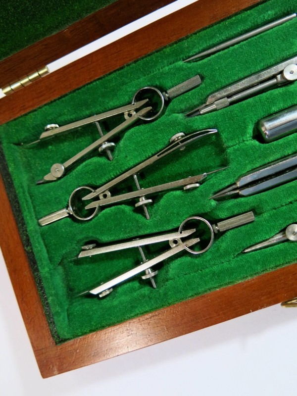 Vintage Complete Drafting/Compass Set in Solid Wood Refinished Box gallery