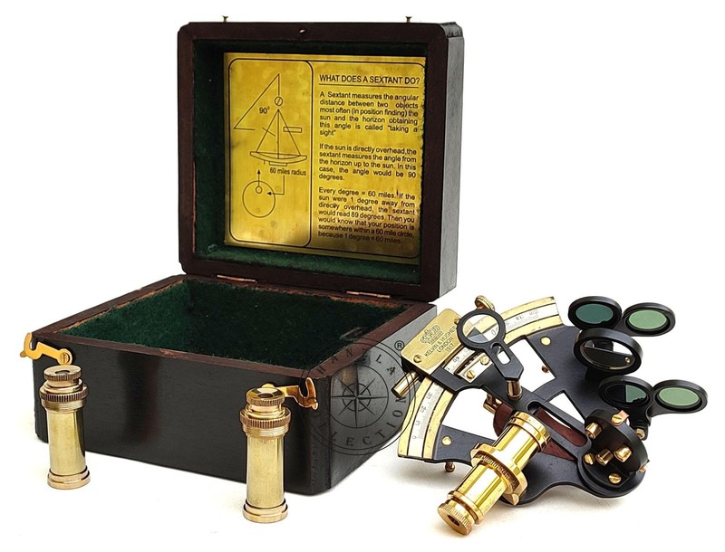 Black Powder Coated Brass Nautical Sextant with Wooden Box & Extra 2 Telescop...