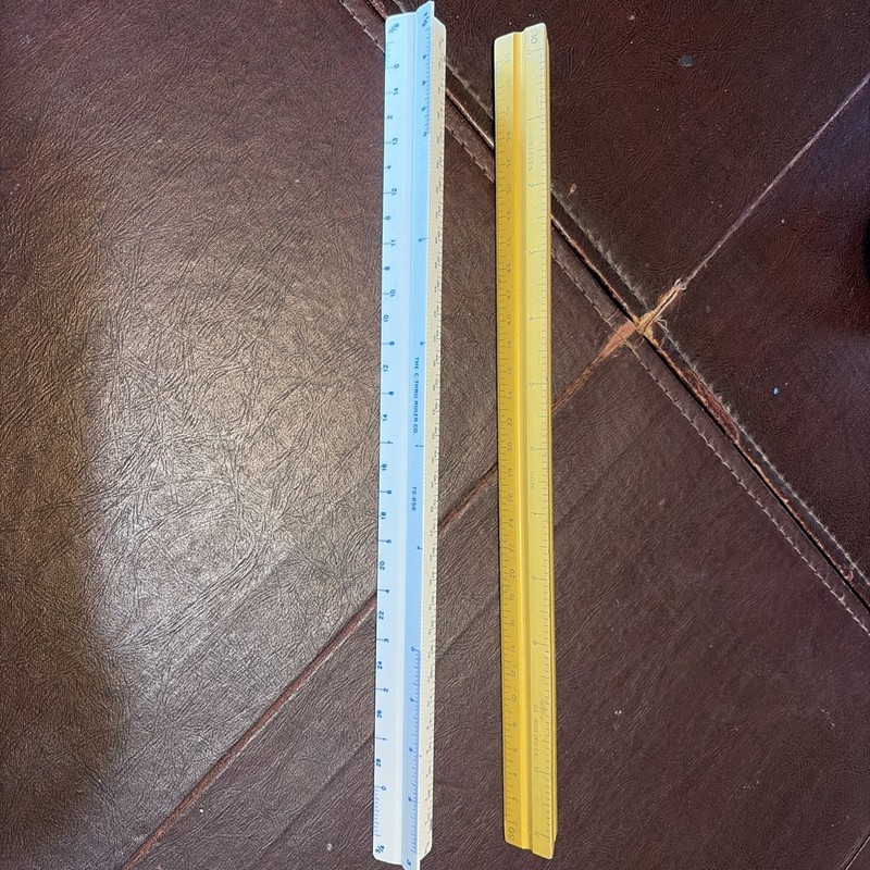 2 Triangle Rulers Vintage Yellow Wooden Dietzgen White Plastic C-Thru Ruler Co.