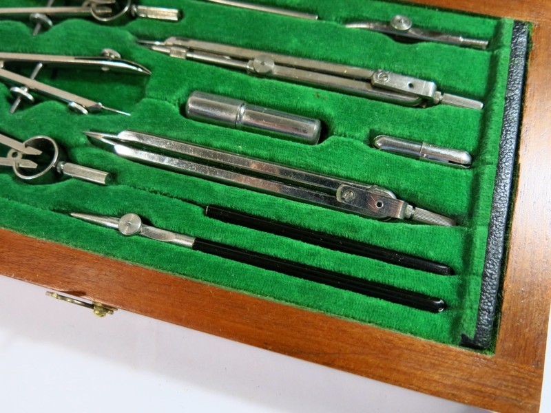 Vintage Complete Drafting/Compass Set in Solid Wood Refinished Box gallery