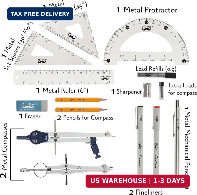 Mr. Pen- Professional Geometry Set, 15 pcs, Drafting Tools with Protractor, Comp gallery