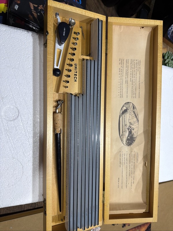 Vintage Unitech Drafting Lettering Set Pantograph Kit Wood Case Type 1 Style 1