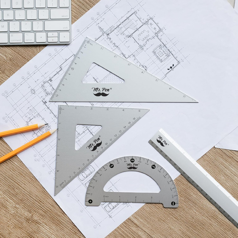 - Metal Geometry Kit, 4 Pack, 45° & 30°/60° Set Squares, 6" Protractor & 12" Rul gallery