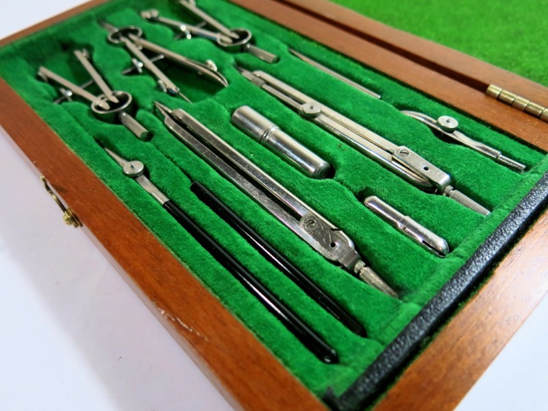 Vintage Complete Drafting/Compass Set in Solid Wood Refinished Box gallery
