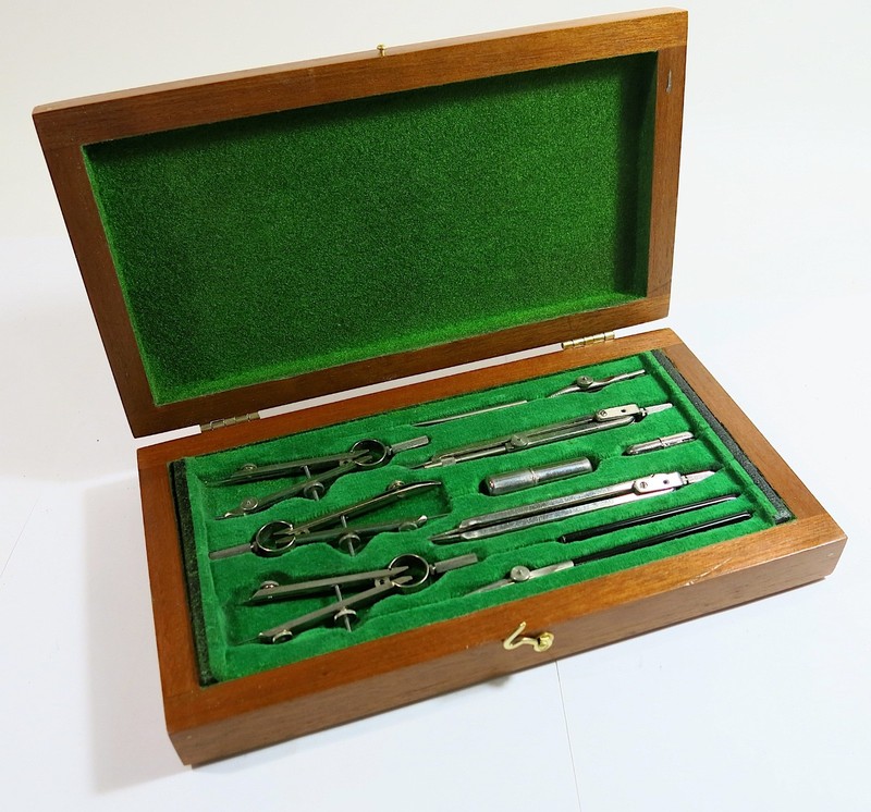 Vintage Complete Drafting/Compass Set in Solid Wood Refinished Box