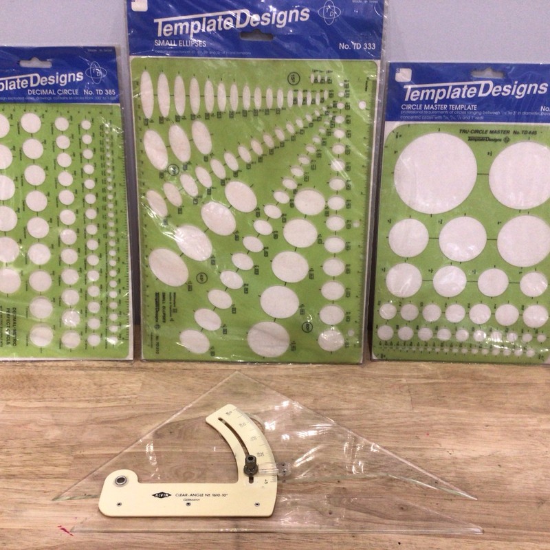 Lot Of 3 Template Designs TD385, TD333, TD445, & Alvin 1610-10” Clear Angle Tri