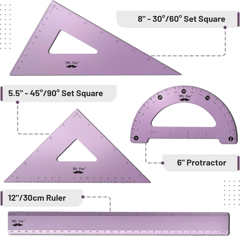 Geometry Set, 4 Pack, Blue Magenta Color, Metal Geometry Kit, Triangle Ruler, gallery
