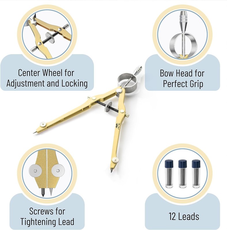 Metal Compass for Geometry - Gold with Lock, Extra Leads & Precision Control gallery