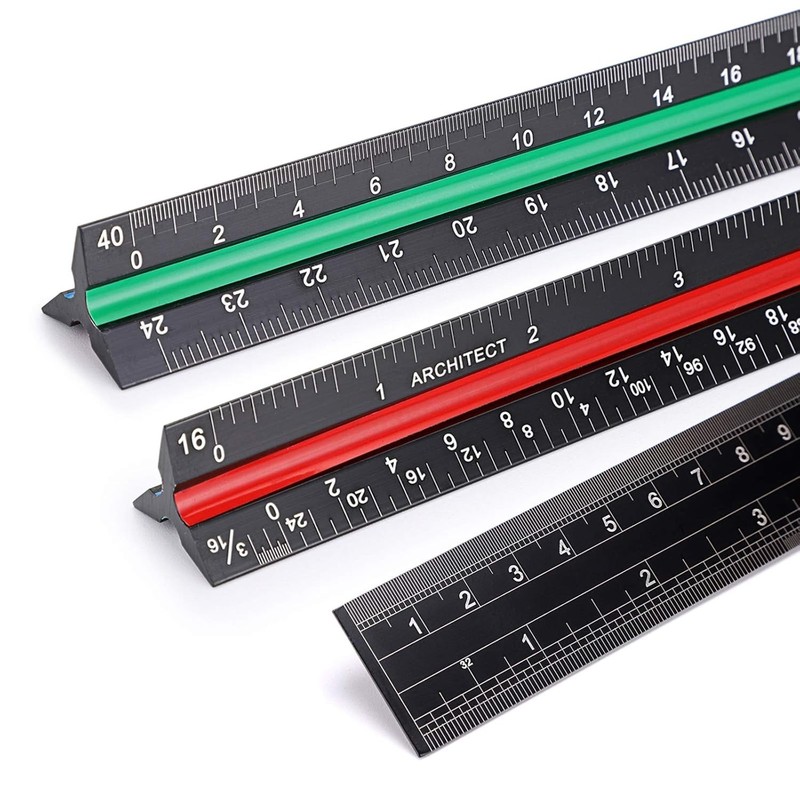 Ownmy 3 Pack 12 Inch Solid Aluminum Triangular Architect Scale Ruler Set, 3-Colo