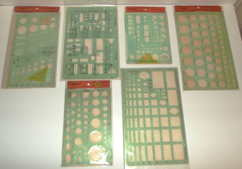 Vintage Lot of Six TIMELY Drawing Templates – 4 New Old Stock & 2 Very Good