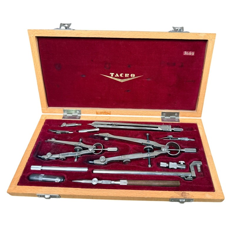 Vintage Tacro 3689 Drafting Tool Set Professional Drawing Kit in Wood Case